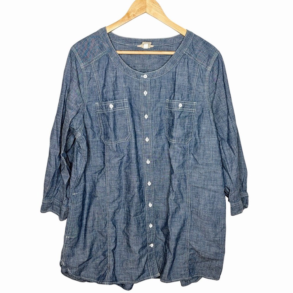 Duluth Trading Co Chambray Button Up Shirt Womens 2XL Organic Cotton Coastal